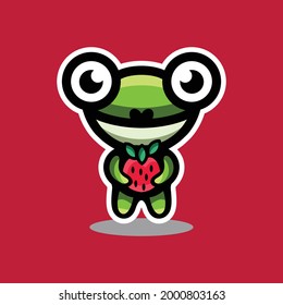 Simple Mascot Vector Design in the form of Frogs holding strawberry