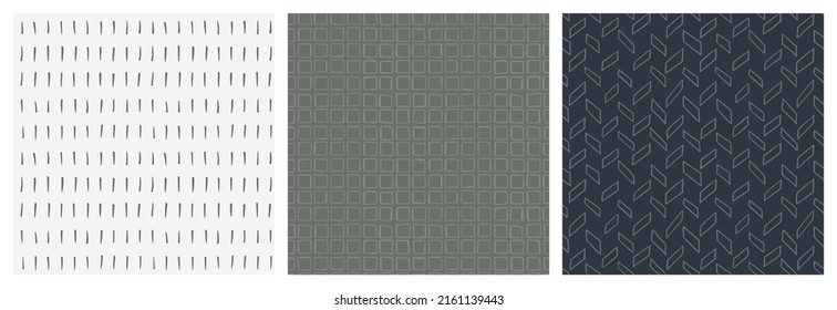 Simple masculine, rough seamless pattern. Background set in olive green, dark grey and white neutral colors. Modern graphic design with hand drawn herringbone, square and pain marks for textile print.