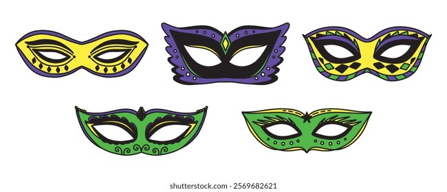 Simple masquerade masks, for party, parade and carnival, for Mardi Gras and Halloween. Set of carnival masks silhouettes. Colorful Mardi Gras mask elements can be used as isolated sign, symbol or icon