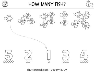 Sencillo juego de números de sirena con peces de colores. Página para colorear o actividad matemática del reino oceánico de cuento de hadas en blanco y negro. Hoja de trabajo educativa de conteo de línea marina con animales marinos