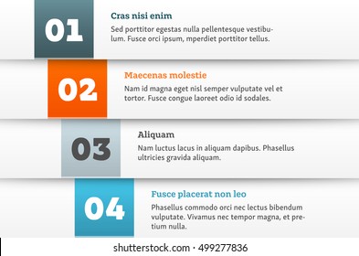 Simple material design style infographic template. Bulleted list layout with sample numbers, headers and text. Vector background for a brochure or presentation.