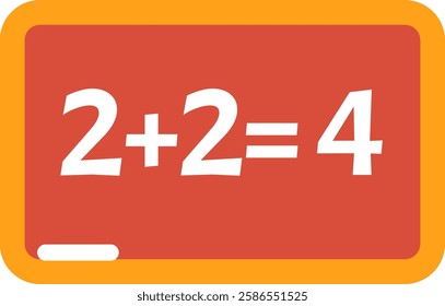 Simple math equation 2 plus 24 displayed in white chalk on a vibrant red chalkboard, accompanied by a piece of chalk resting at the bottom and framed in orange