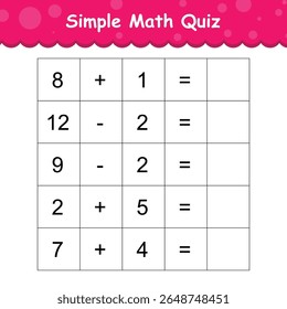 Simples matemática jogo de teste para crianças. educação desenvolvimento planilha. aprendizagem matemática página. adição e subtração tarefa para crianças. planilha para pré-escola