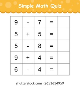 Jogo de teste de matemática simples para crianças. educação desenvolvimento planilha. aprendizagem matemática página. adição e subtração tarefa para crianças. planilha para pré-escola 1