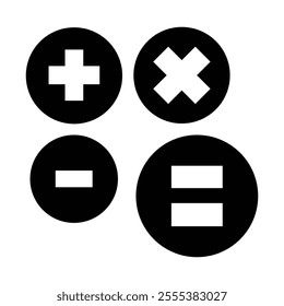 Simple math symbols, black and white icons, plus and minus, multiplication and division, minimalist design, circular shapes, isolated on white background. Calculation icon set in circle.
