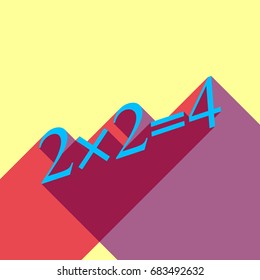 Simple mathematical equation. Vector. Deep sky blue icon with two flat violet and raspberry semitransparent shadows on canary background.