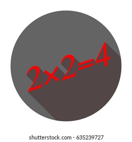 Simple mathematical equation. Vector. Red icon with reddish shadow on dark gray circle at white background. Isolated.