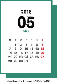 Simple May 2018 calendar. Week starts from Monday.