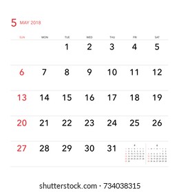 Simple May 2018 calendar. Week starts from Sunday.