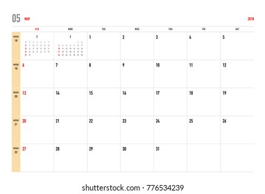 Simple May 2018 calendar. Week starts from Sunday.