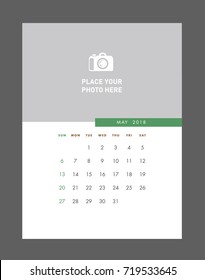 Simple May 2018 photo calendar. Week starts from Sunday.