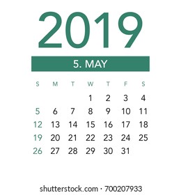 Simple May 2019 calendar. Week starts from Sunday.