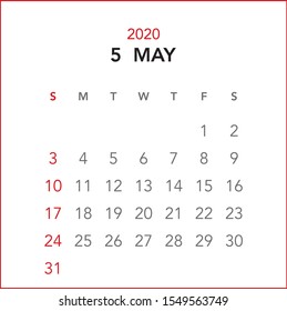 Simple May 2020 calendar. Week starts from Sunday.