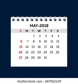 Simple may calendar for 2018 year. Week starts from Sunday.