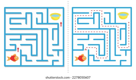 Simple  maze abstract game with answer. Help fish find water. Easy labyrinth for kids. Vector illustration.