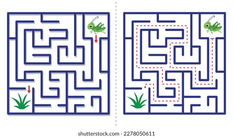 Simple  maze abstract game with answer. Help grasshopper find grass. Easy labyrinth for kids. Vector illustration.