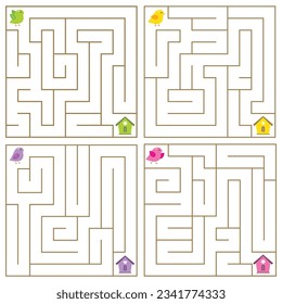 Simple juego abstracto del laberinto. Ayude a los pájaros a encontrar un hogar de aves. Hojas de cálculo lógicas para niños.