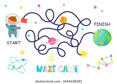 Simple maze game for children. Funny kid astronaut in spacesuit find way to Earth. Educational play for toddlers with cartoon space vector elements
