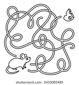 Simple maze game. Find a way from cute little mouse to cheese. Black and white ready to print worksheet for preschool fun activity. Outlined vector illustration for kids.