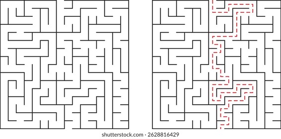 Simple maze illustration demonstrating solution path on white background for education concepts