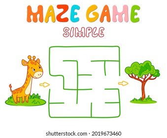 Simple Maze puzzle game for children. Color simple maze or labyrinth game with giraffe. Vector illustrations