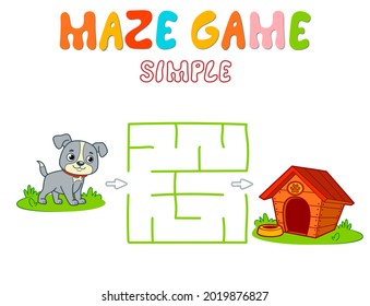 Simple Maze puzzle game for children. Color simple maze or labyrinth game with dog. Vector illustrations