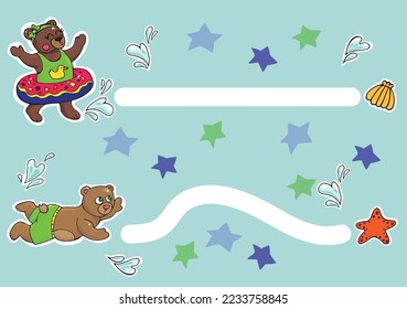 Camisetas simples para niños. Los osos curados nadan por conchas