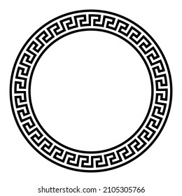 Simple meander pattern, circle frame. Decorative round border, made of lines, shaped into a repeated motif. This style can be found in classical Greece and Rome, also known as Greek key or Greek fret.