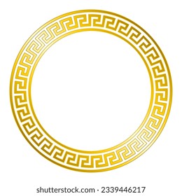 Simple meander pattern, gold colored circle frame. Decorative round border, made of lines, shaped into a repeated motif. Style used in Classical Greece and Rome, also known as Greek key or Greek fret.