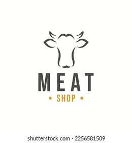 Simple Meat Shop Logo Design with Cow Head Line Art Style. Butcher Shop Logo Design Illustration. 