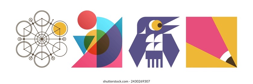 Simple mechanical scheme. Tribal bird symbol. Geometric style. Art composition of flat colorful shapes. Decoration element. Design for brochure, poster, card, poster, print, presentation or banner.
