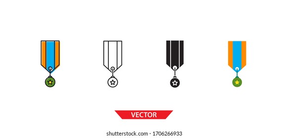 Icono de medalla simple sobre fondo blanco 4 tipos como contorno, negro, color, contorno y color. Ilustración vectorial.