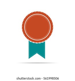 Simple medal icon with ribbon. Colored medal with shadow in flat design. Silhouette of trophy, awards or medal. Vector illustration.