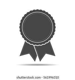 Simple medal icon with ribbon. Gray medal with shadow in flat design. Silhouette of trophy, awards or medal. Vector illustration.