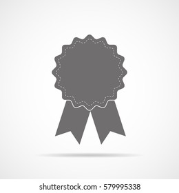 Simple medal icon with ribbon. Gray medal with shadow in flat design. Silhouette of trophy, awards or medal. Vector illustration.