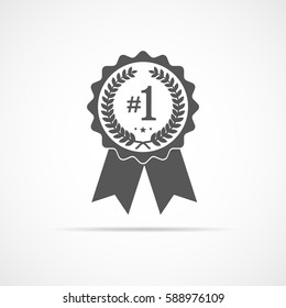 Simple medal icon with ribbon. Gray medal with shadow in flat design. Silhouette of trophy, awards or medal. Vector illustration.
