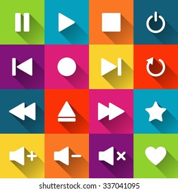Simple media player icons on the colored tiles, flat design, vector illustration for your application, web, template