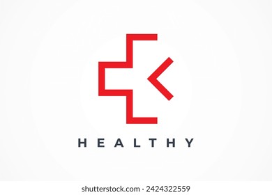 Einfaches medizinisches Kreuz mit Pfeil-Symbol-Logo. Minimal Logotype Linie Geometrische Formen Konzept Verwendbar für Corporate Branding Identität im Zusammenhang mit Gesundheit, Medizin, Krankenhaus, Arzt, Apotheke, Klinik, Hilfe