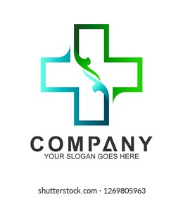 simple medical cross logo with leaf carving shape