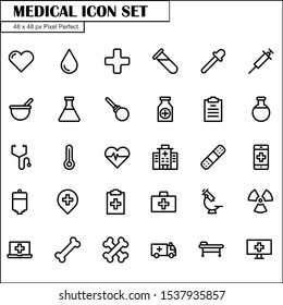 Simple Medical Icon Set With Line Style Contain Such Icon as health,  Hospital, Ambulance, Stethoscope and more. 48 x 48 Pixel Perfect