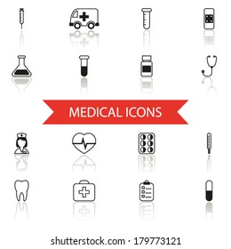 Simple Medical Icons and Symbols Set Isolated with reflection vector
