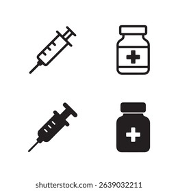 Simple medical icons: syringe and medicine bottle, in line and solid styles.
