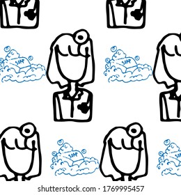 A simple medical pattern with doctor and soap. Hand-drawn illustration. White background.