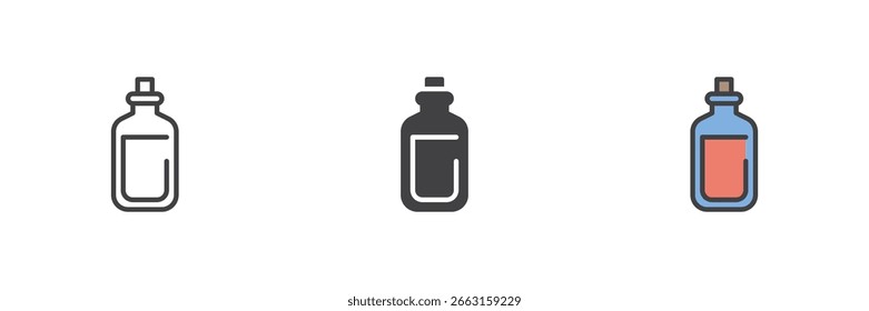 Simple medicine bottle icon set in line, glyph and filled outline colorful style. Vector symbol of pharmaceutical packaging or liquid medication.
