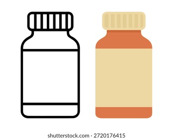 Ilustración de botella de medicina simple con una versión de color y una versión de contorno, estilo limpio y mínimo adecuado para iconos, diseño de interfaz de usuario, pegatinas, gráficos médicos y materiales educativos.