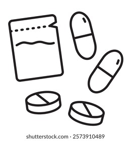 Simple medicine line drawing icon of tablets, capsules, and powder