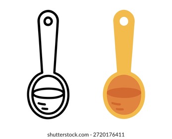 Simple medicine spoon illustration with a colored version and an outline version, clean and minimal style suitable for icons, UI design, stickers, medical graphics, and educational materials.