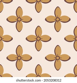 Simple medieval style stylized flowers vector pattern background. Hand drawn gold ochre floral motifs on light backdrop. Geometric historical repeat. Natural quatrefoil all over print for packaging