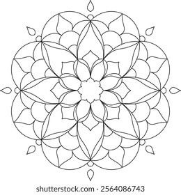 Simple meditation mandala art vector for beginners, adults and children,  coloring book page. Black lines, abstract flower and drip patterns. 