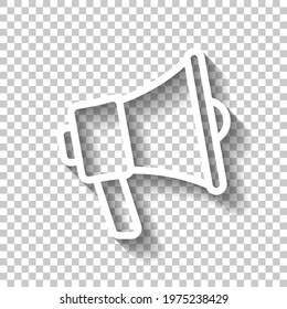 Simple megaphone icon, promotion, loud voice. White linear icon with editable stroke and shadow on transparent background